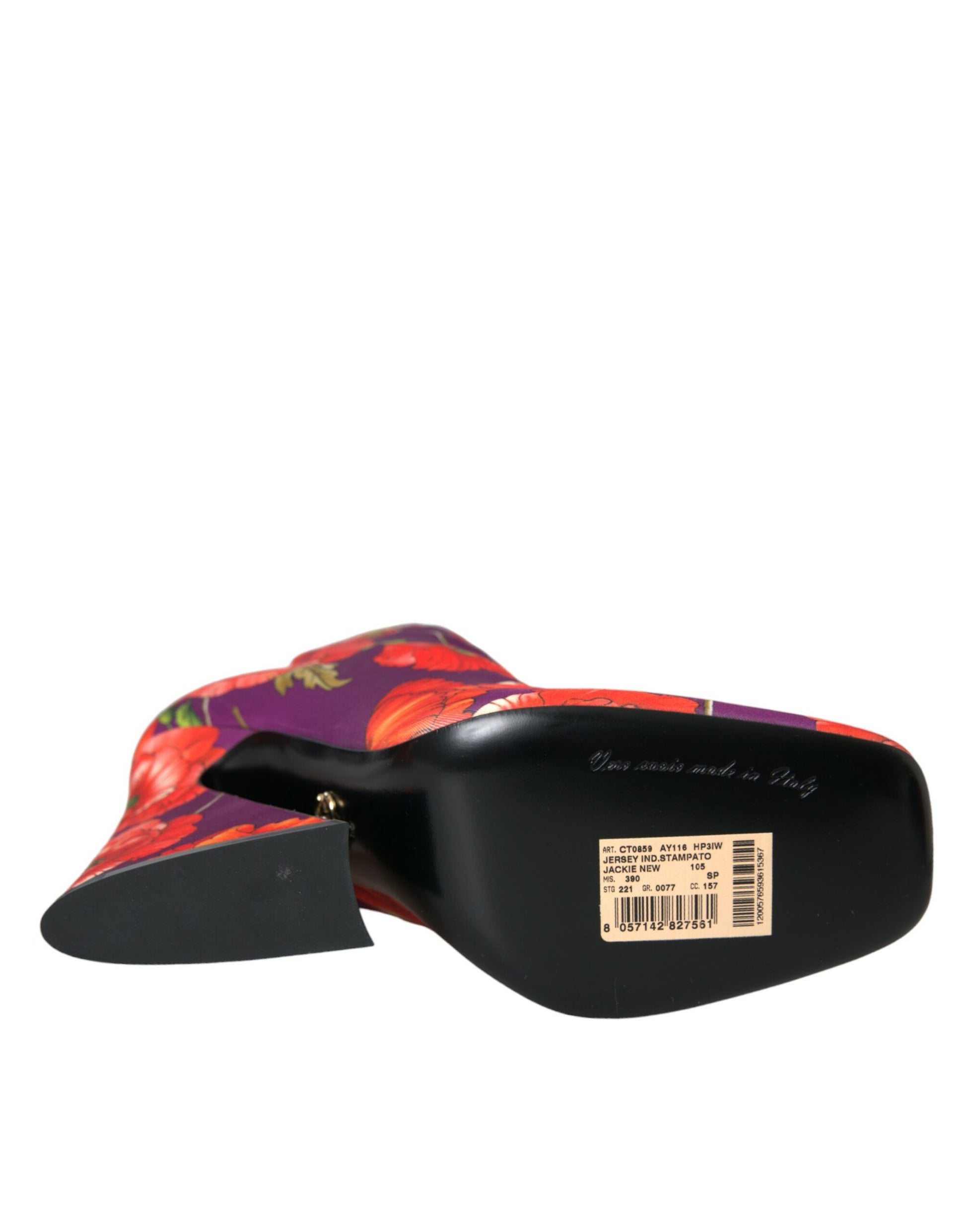 Black and purple shoe with a label on it