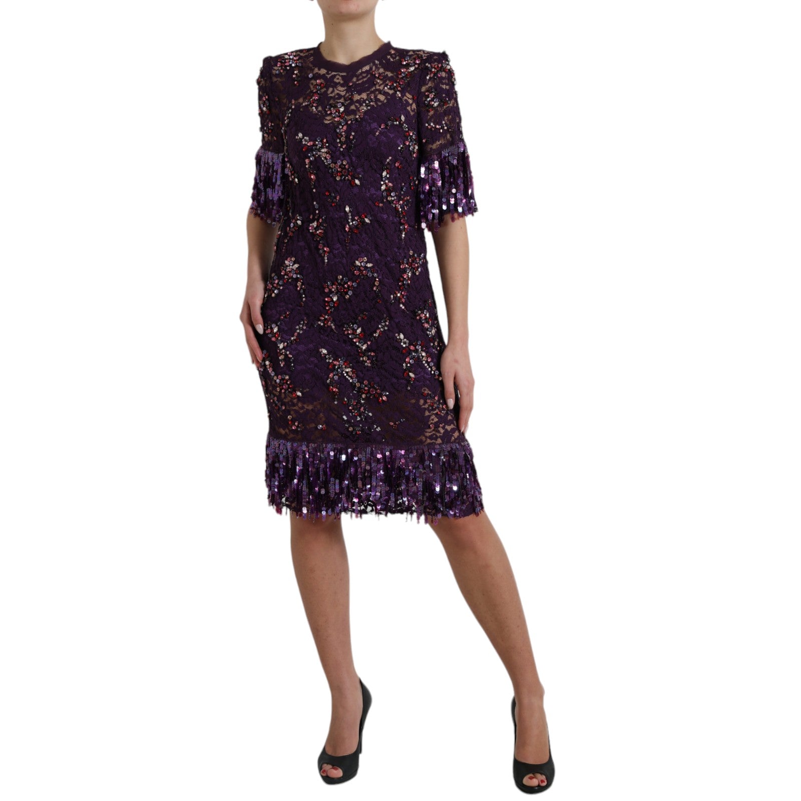 Purple sequined dress with ruffles on sleeves