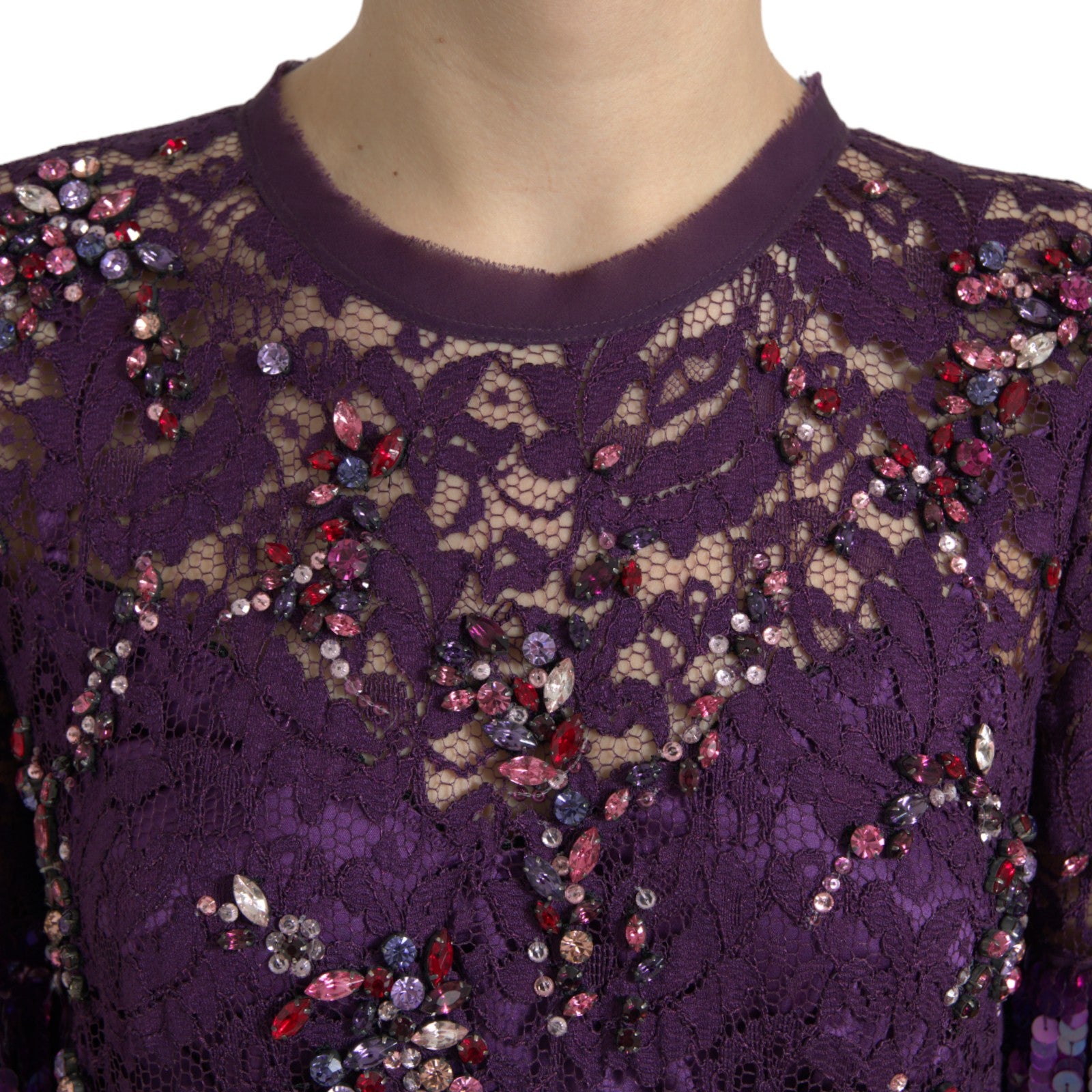 Purple lace dress with sequins on neckline