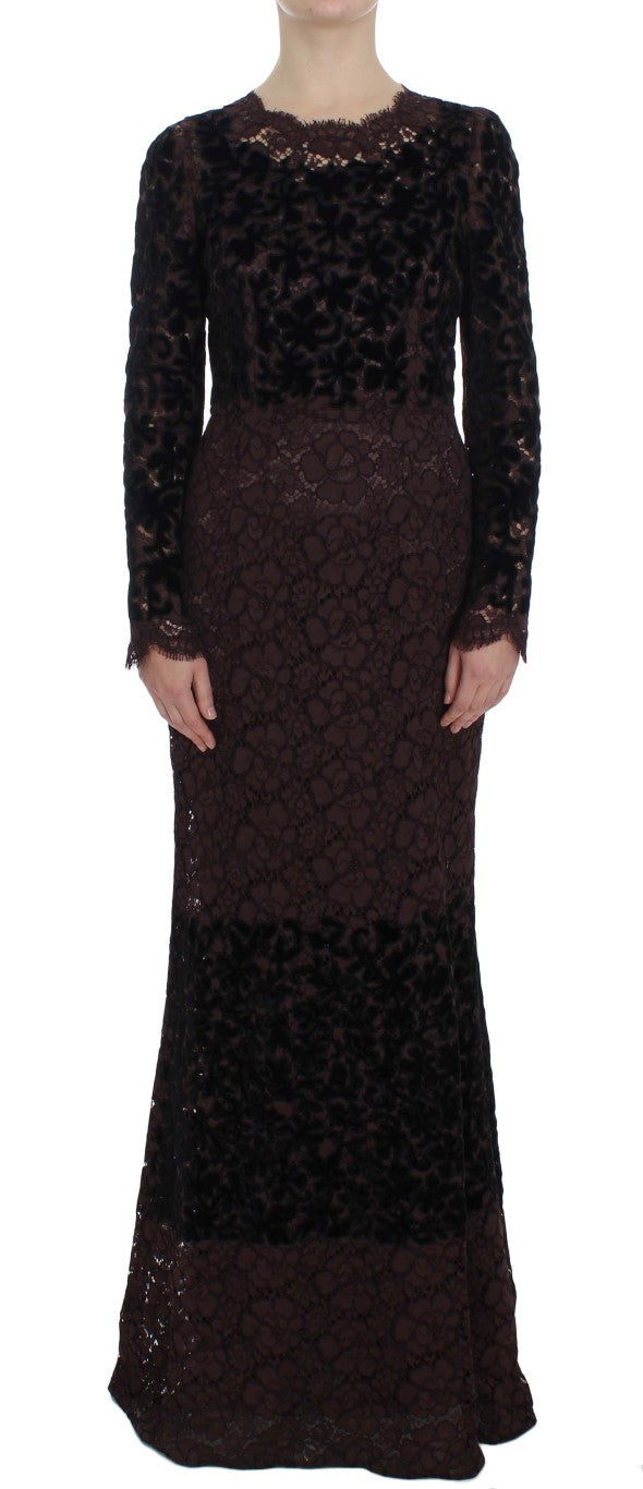Long black lace dress with long sleeves and a V neckline