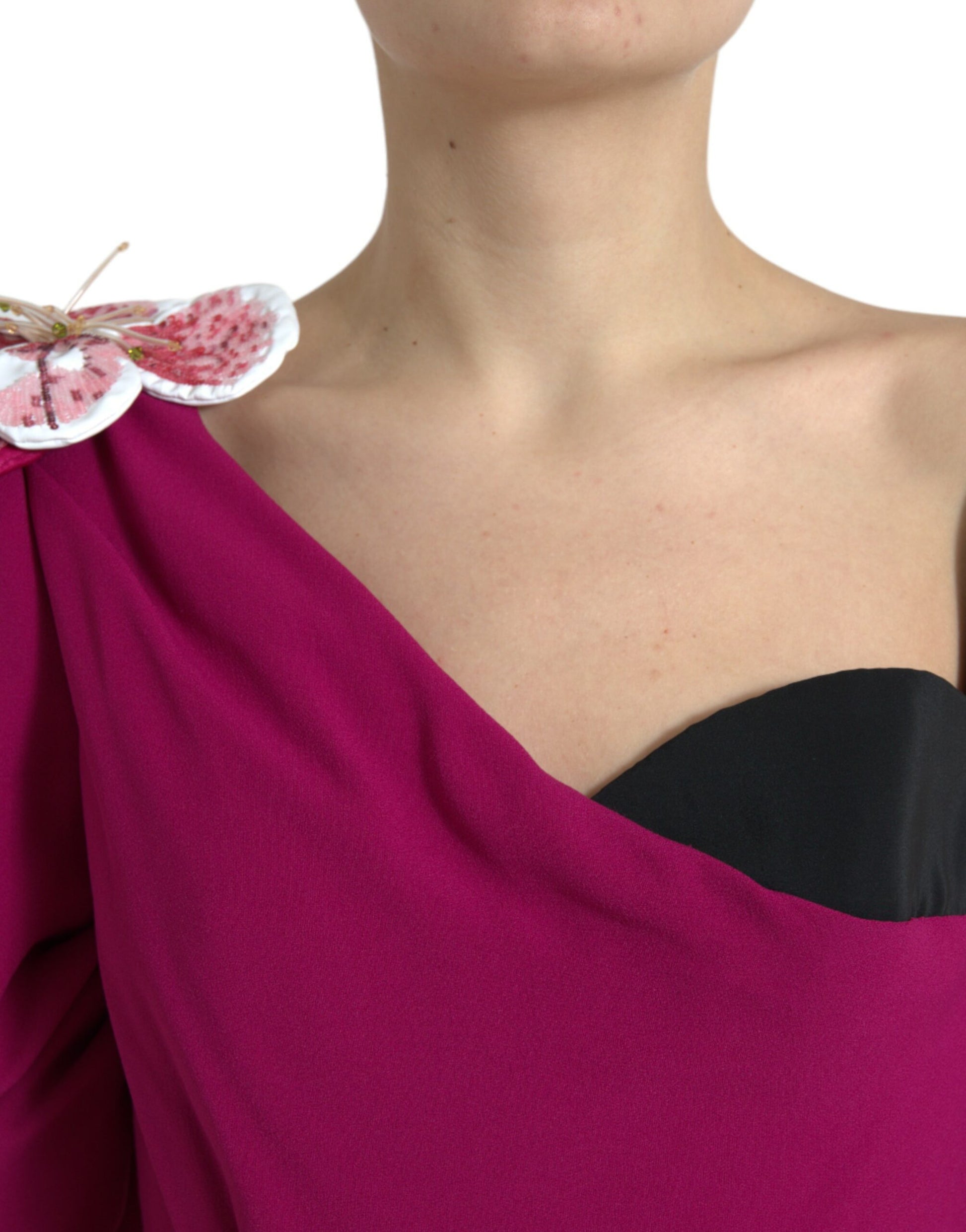 Pink flower embellished one shoulder dress with black trim