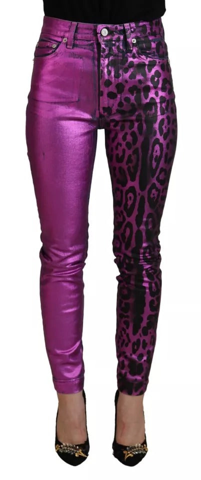 Pair of pink leopard print skinny jeans
