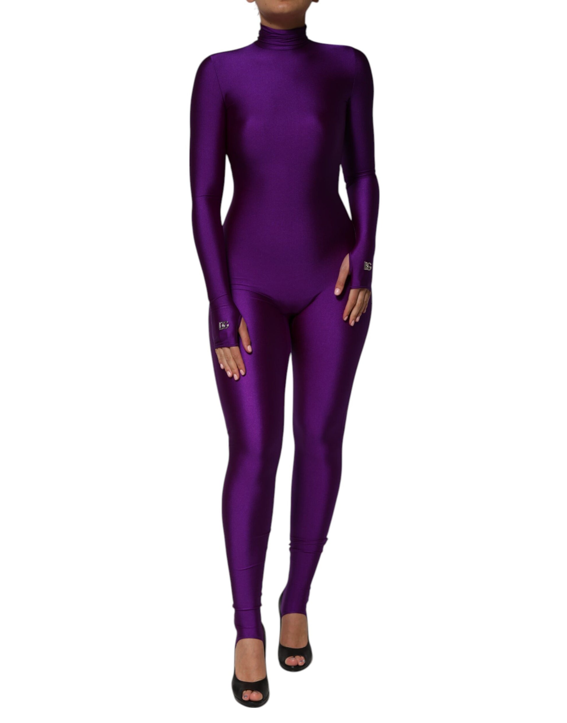 A purple bodycon jumpsuit dress with a turtleneck