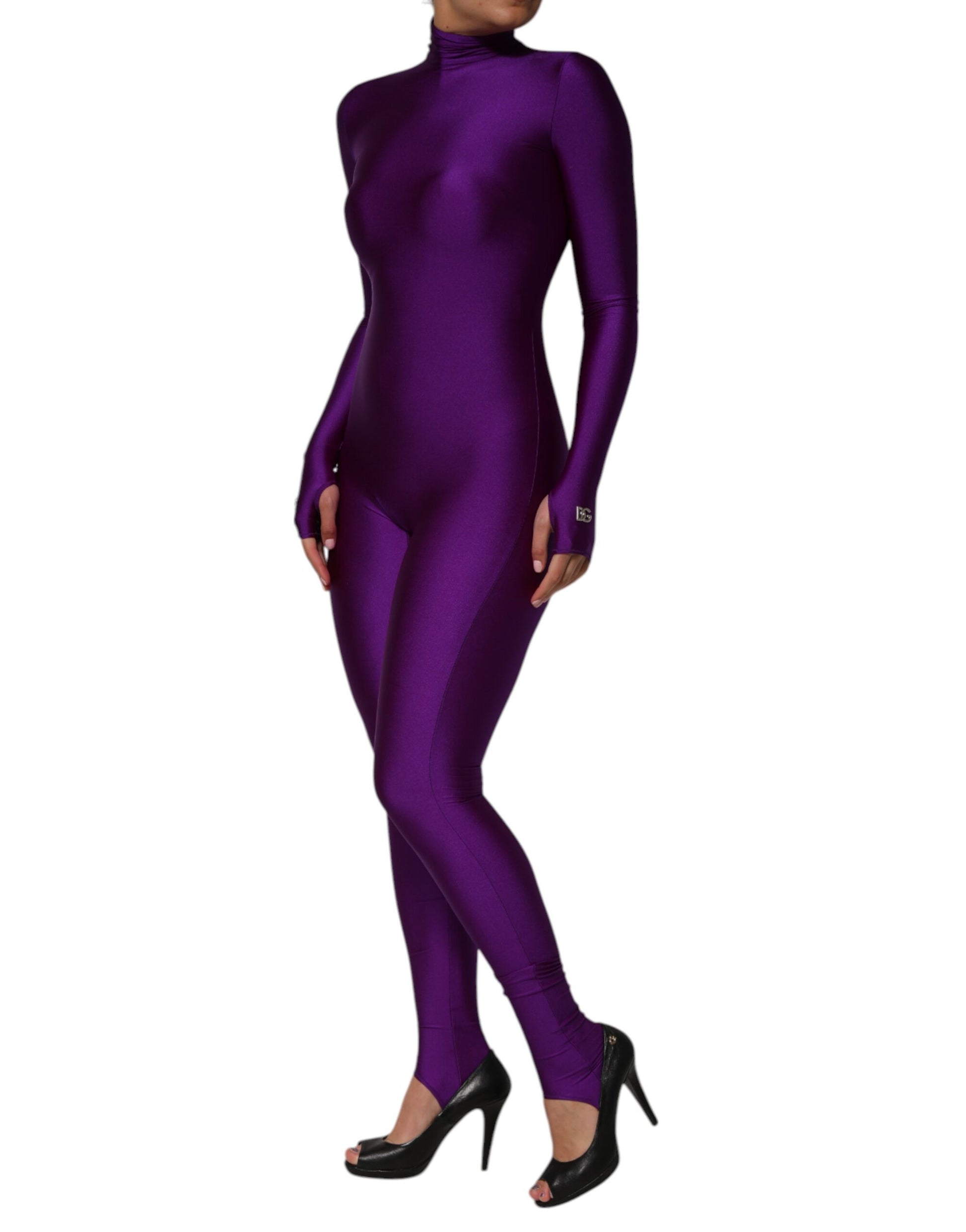 A purple bodycon jumpsuit dress with a turtleneck