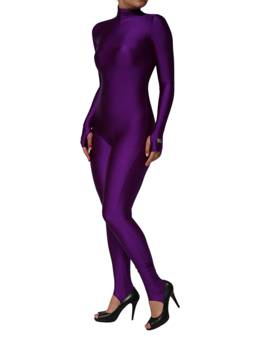 A purple bodycon jumpsuit dress with a turtleneck