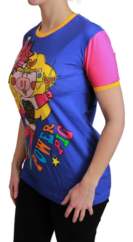 A purple t-shirt with a cartoon pig design