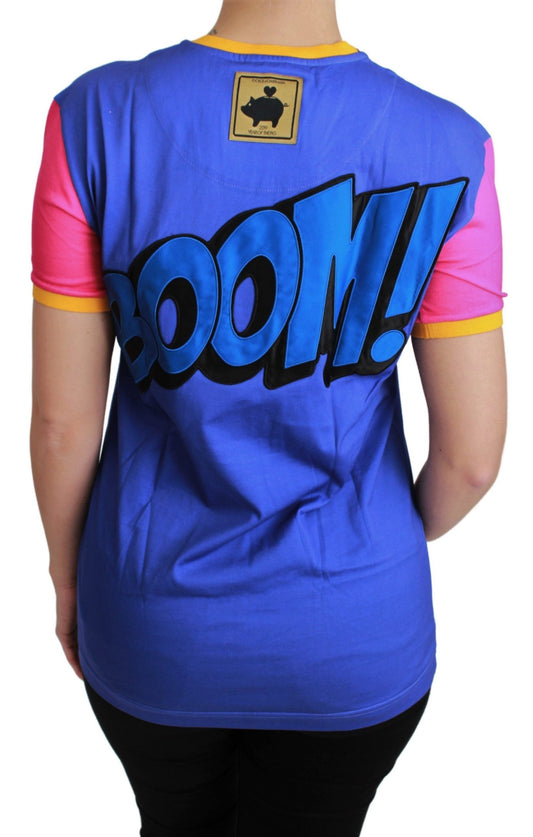 A purple t-shirt with a graphic of the word "BOOM!" in bold yellow letters