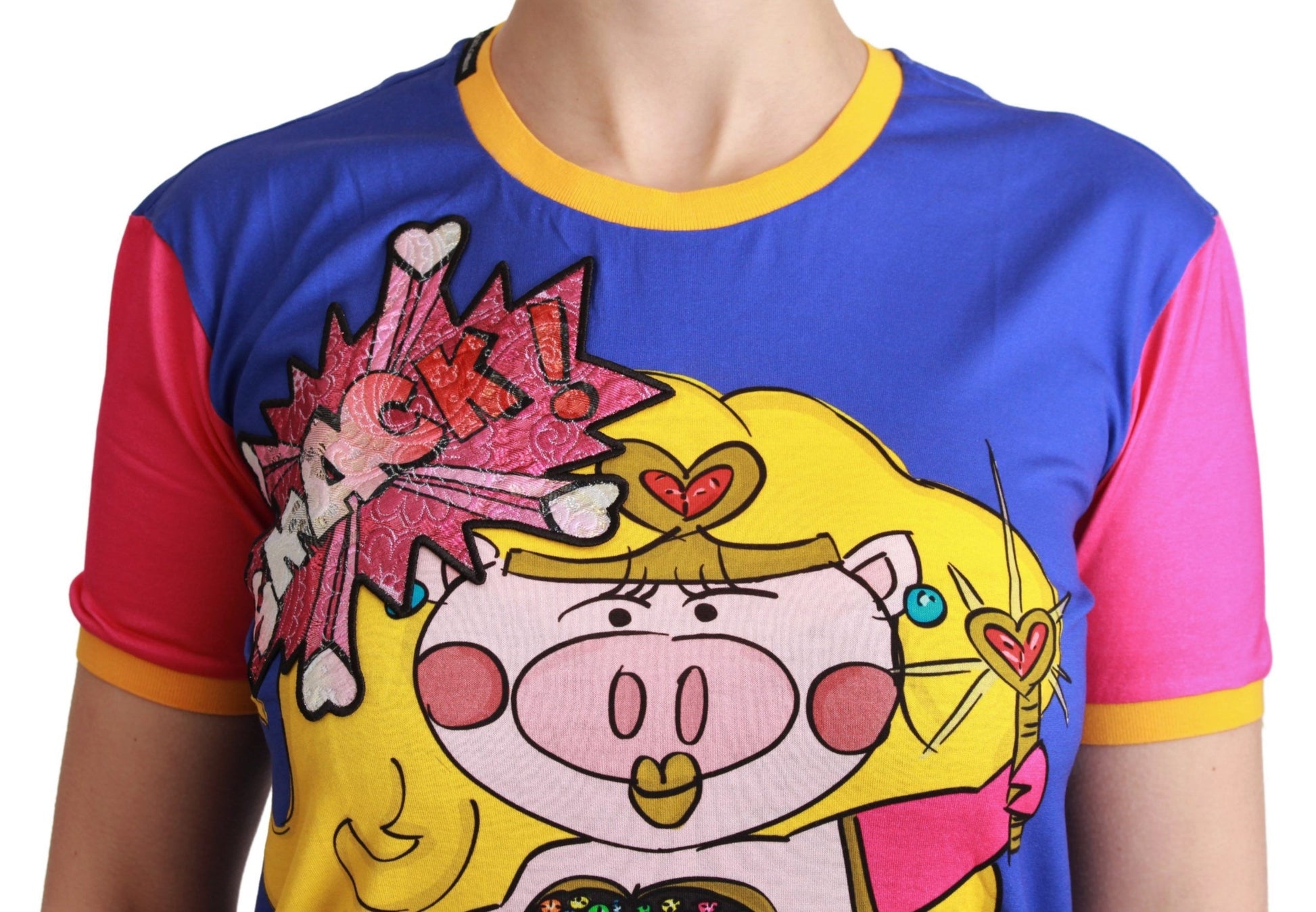 A purple t-shirt with a graphic of a pig superhero