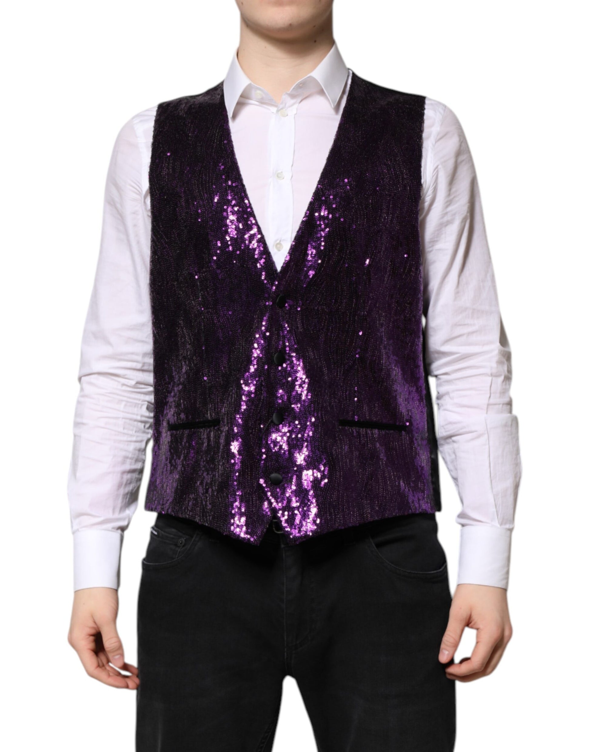 A purple sequined vest with a shiny texture, part of a formal wear ensemble
