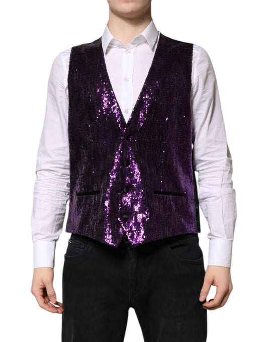 A purple sequined vest with a shiny texture, part of a formal wear ensemble