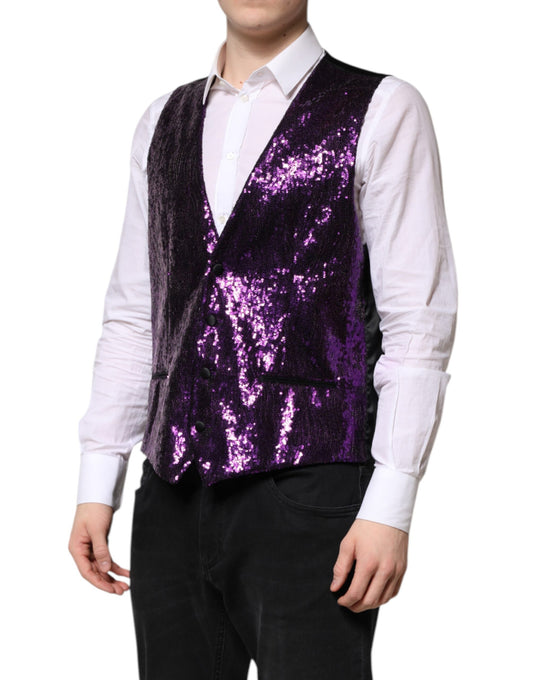 A purple sequined vest with a formal waistcoat design