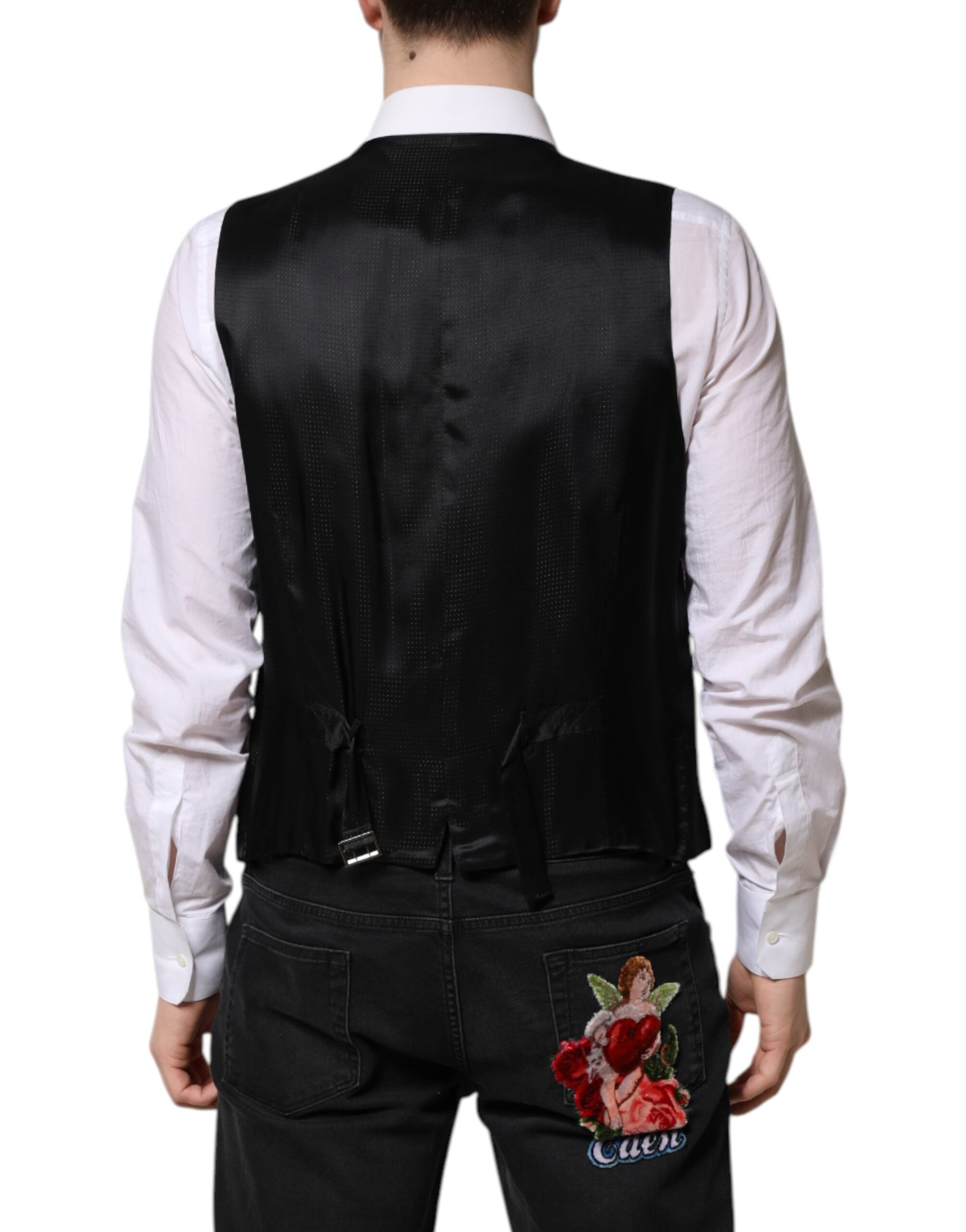 A purple sequined vest with a waistcoat design