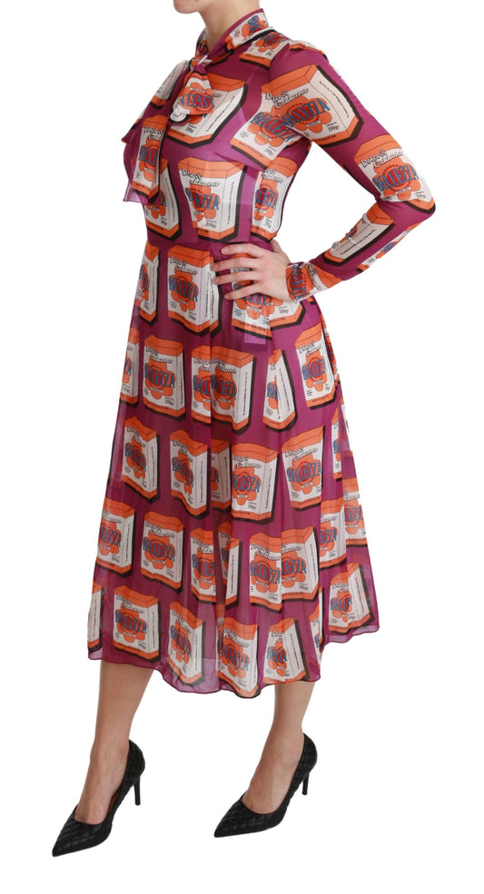 A woman wearing a purple silk dress with a floral pattern. The dress is an A-line style and features a high n