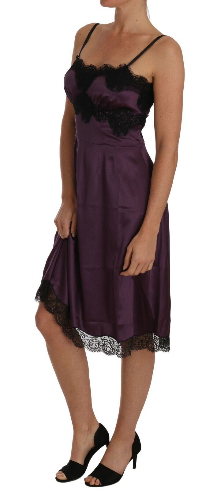 Purple silk stretch dress with black lace detailing, A-line style