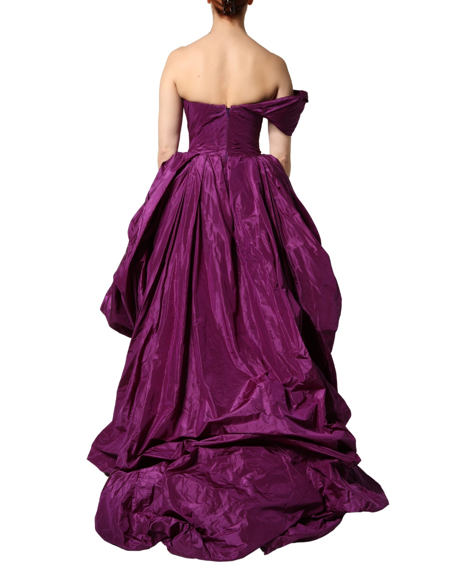 Purple strapless asymmetric dress with ruffled skirt and fitted bodice