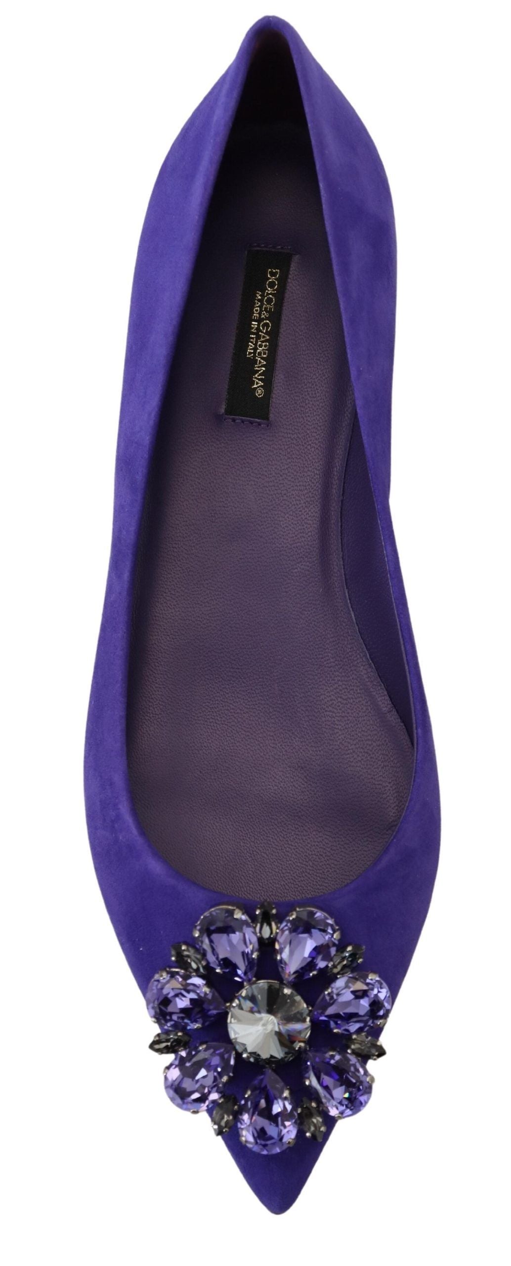 Purple velvet shoe with embellishment on toe