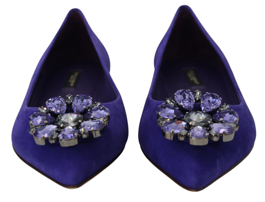 Pair of purple velvet shoes with embellished heels