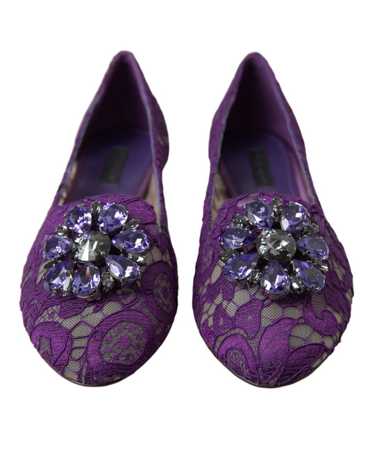Pair of purple shoes with embellished heels and lace designs