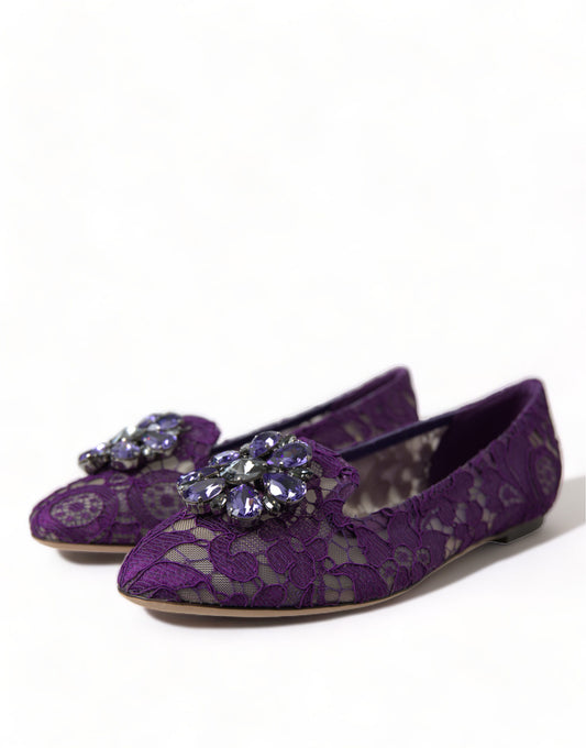 Pair of purple lace shoes with embellished heels and toes
