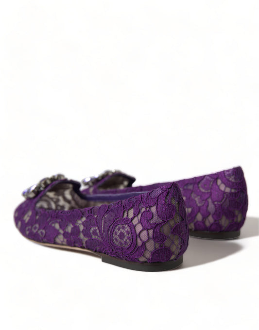 Pair of purple embroidered women's shoes with lace detailing and a bow on top