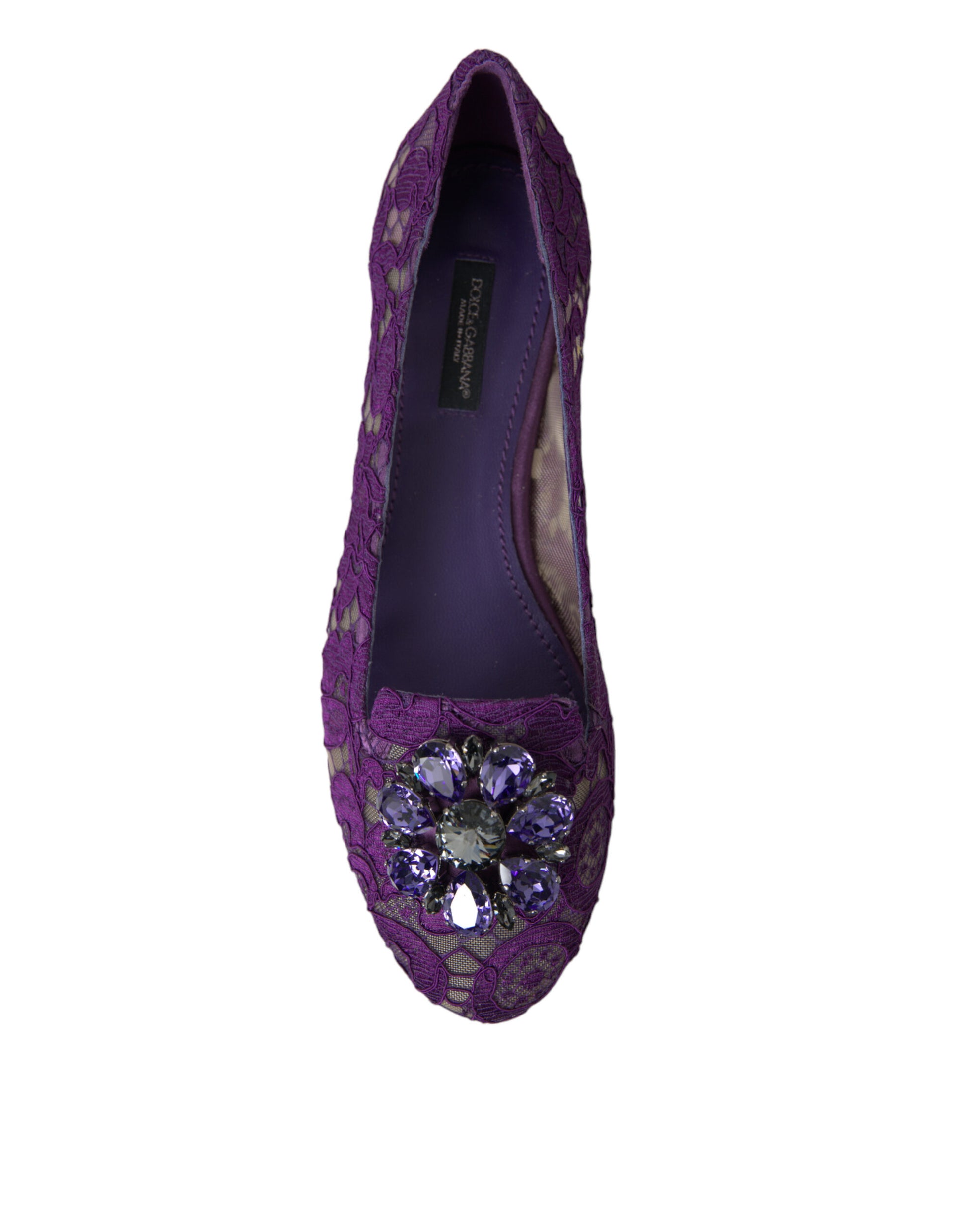 Purple shoe with embroidery and rhinestones on heel