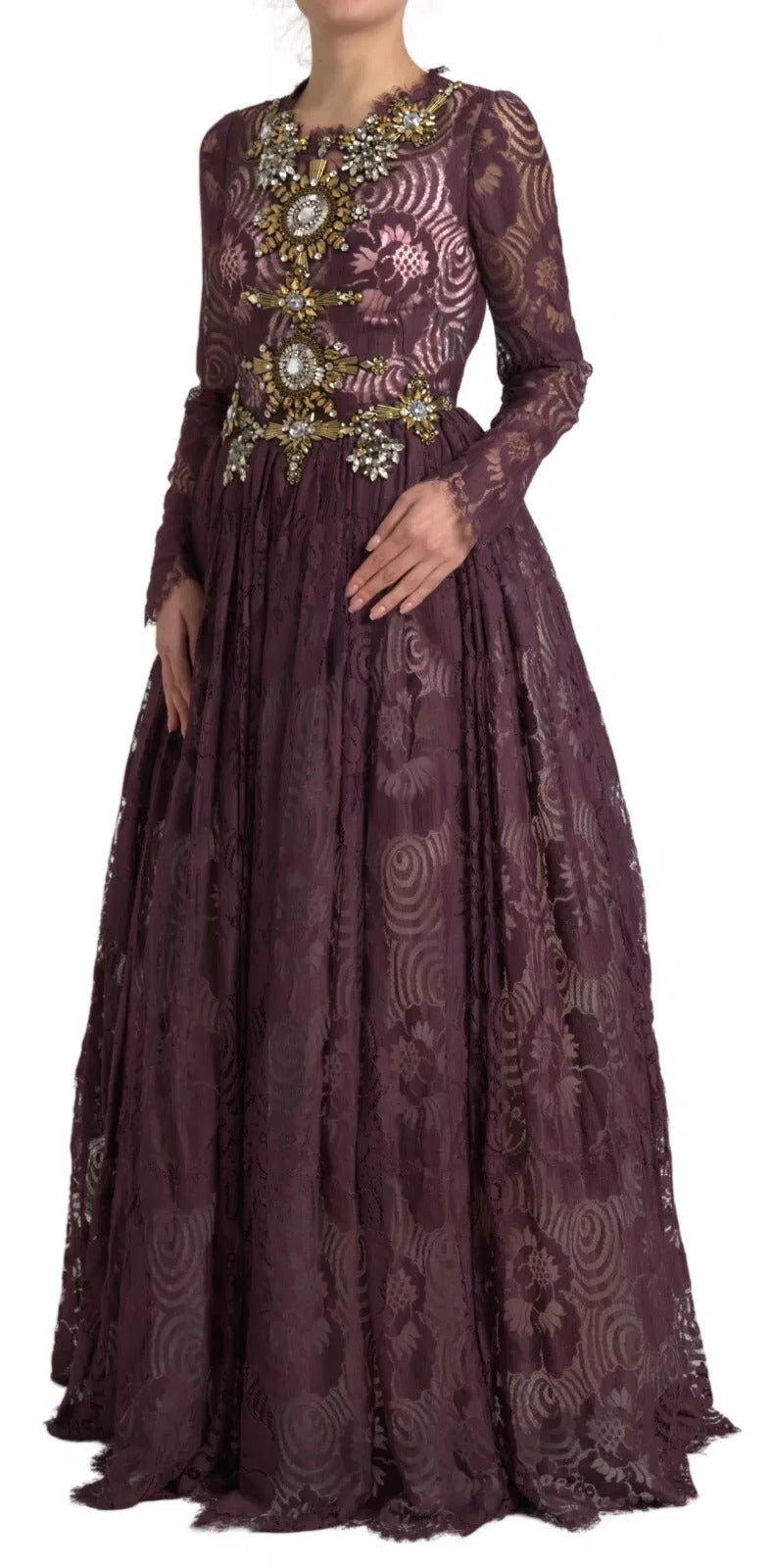 Long purple dress with lace detailing and crystals on bodice