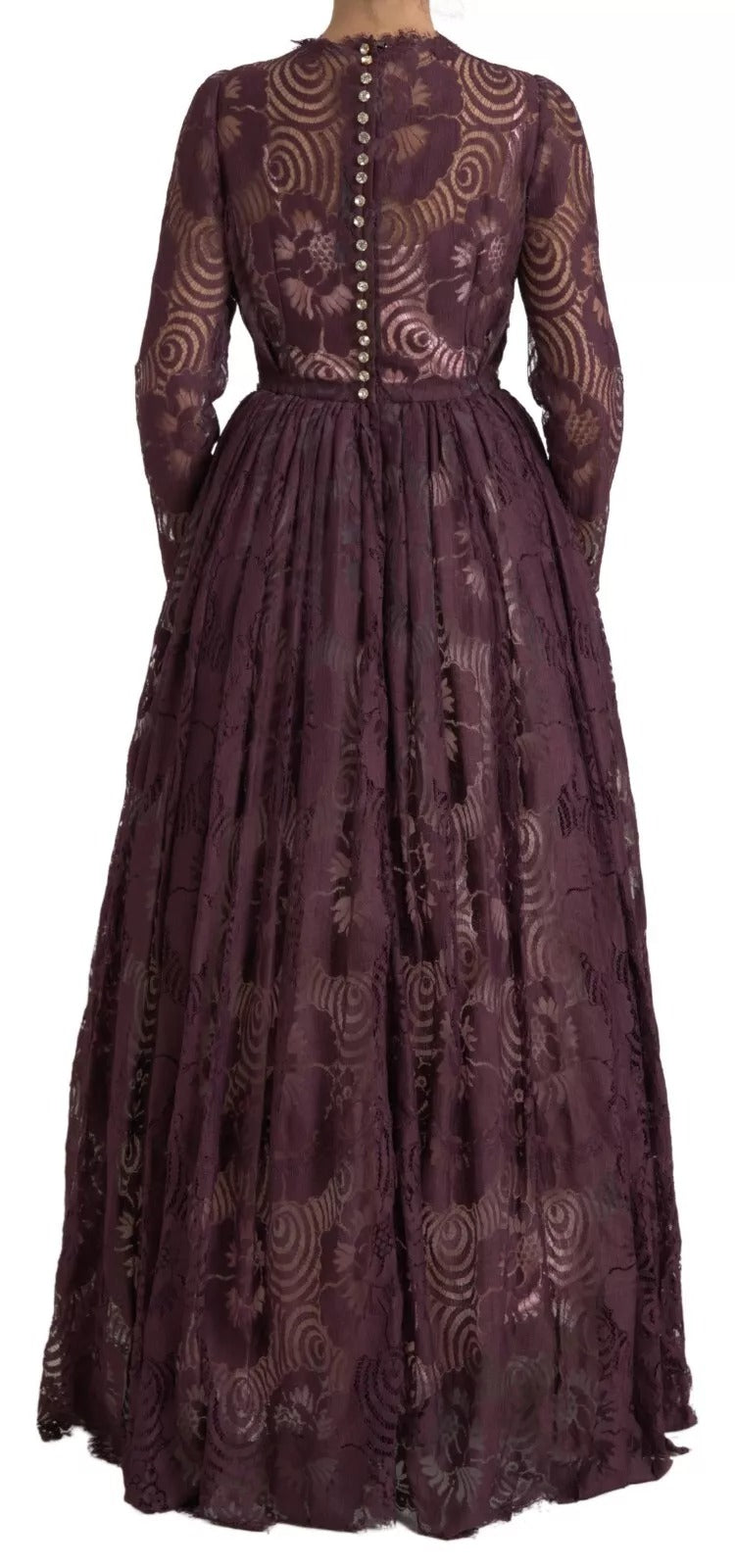 Long purple dress with lace detailing and crystals on bodice