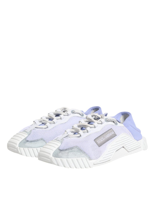 Pair of purple and white lace-up sneakers with a low top