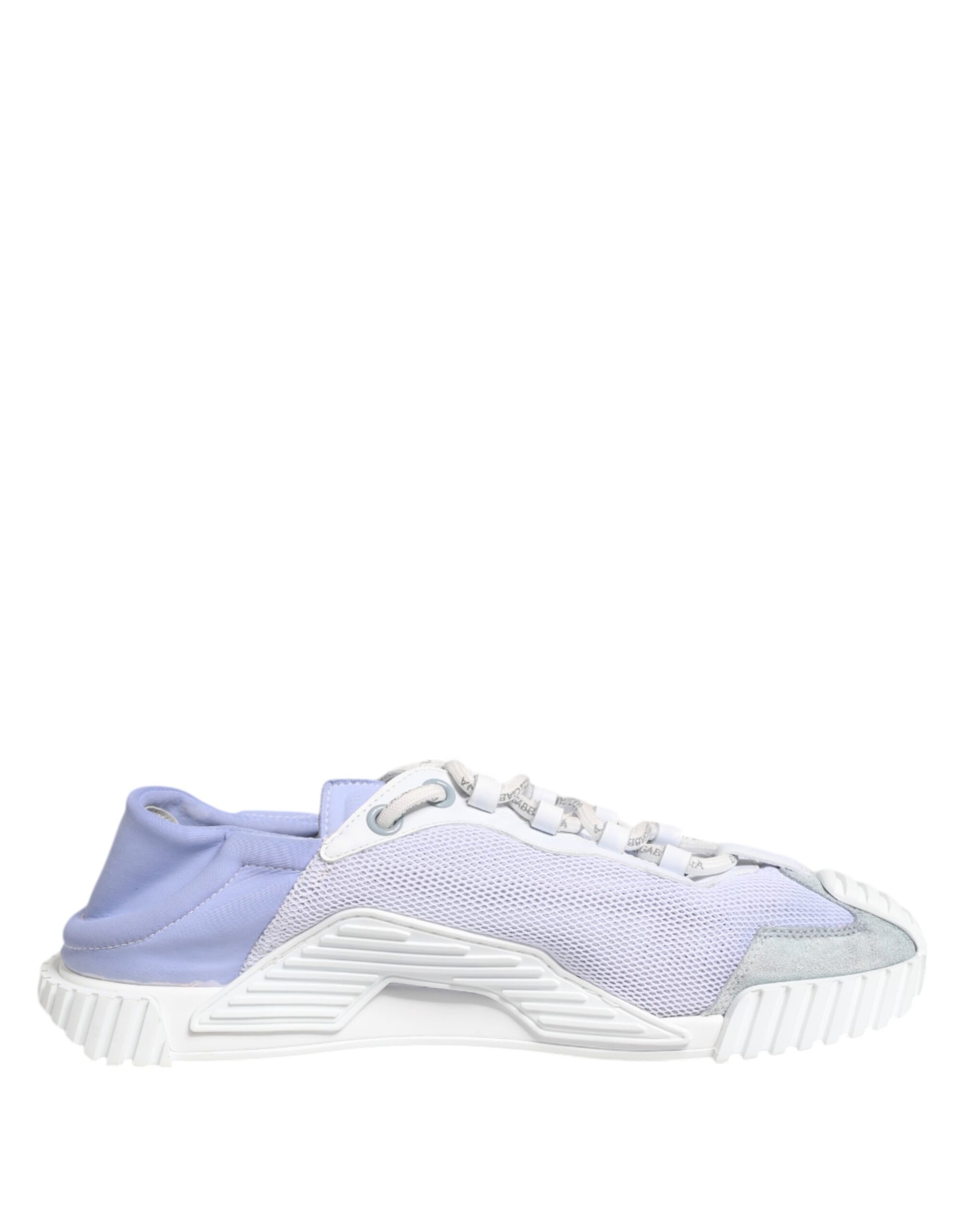A pair of purple and white lace-up sneakers with a low top