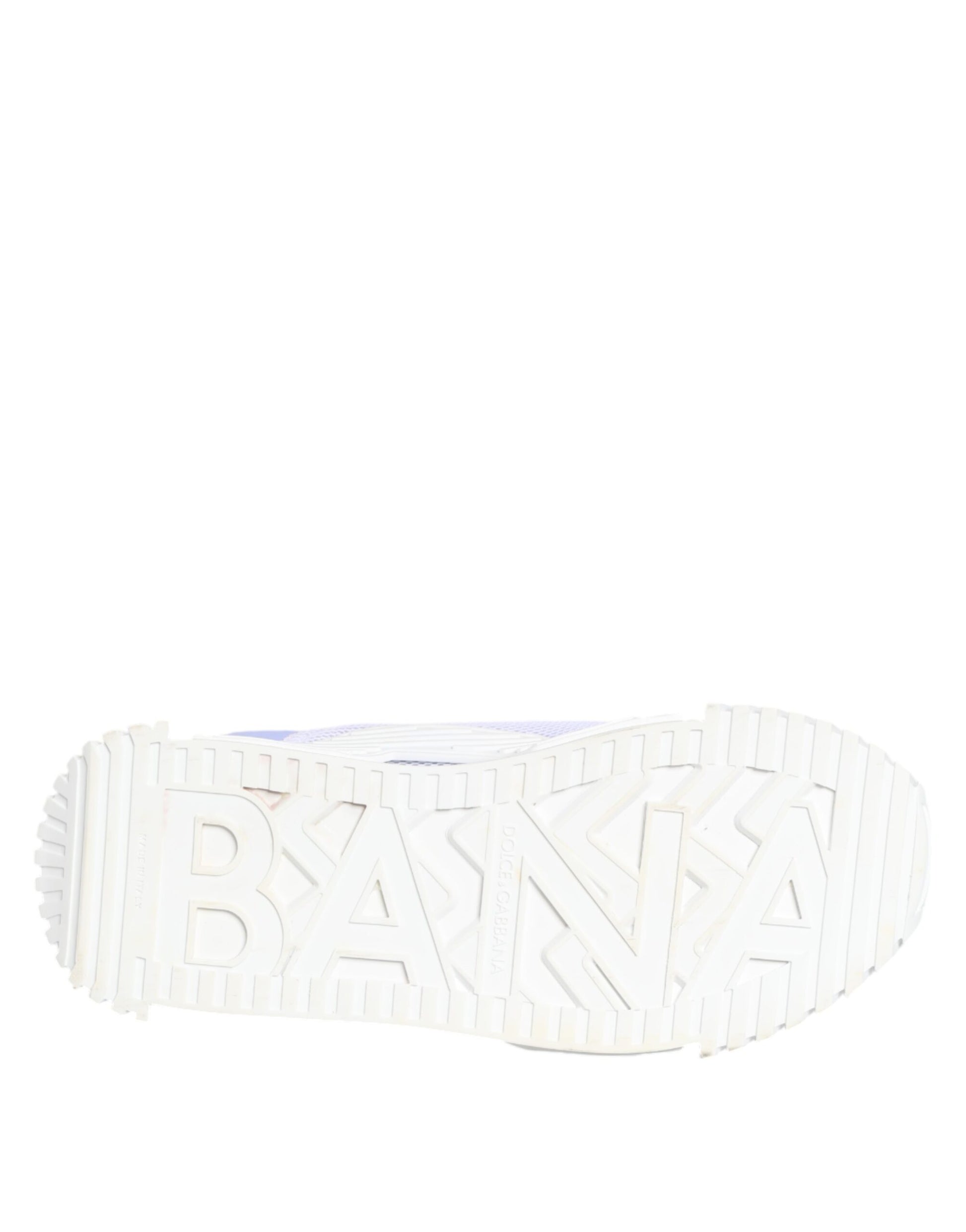 A pair of white and purple lace-up sneakers with the brand name "Dolce & Gabbana" visible on the side