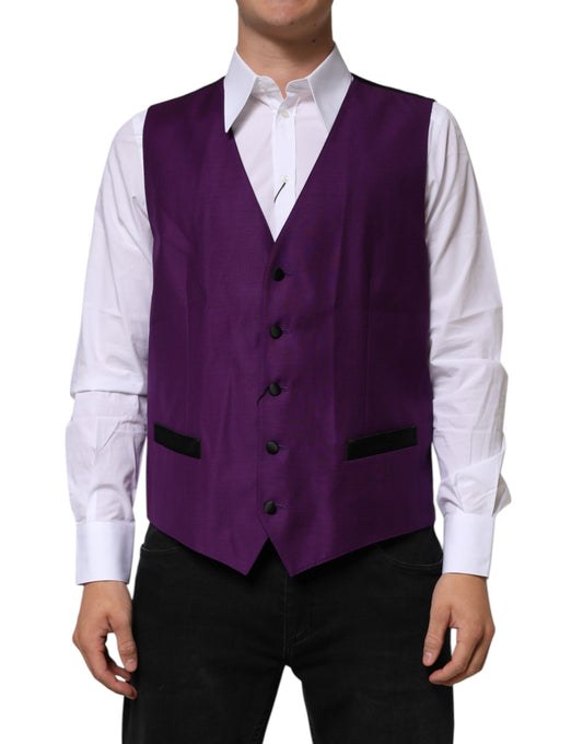A purple wool vest with black buttons, part of a formal waistcoat