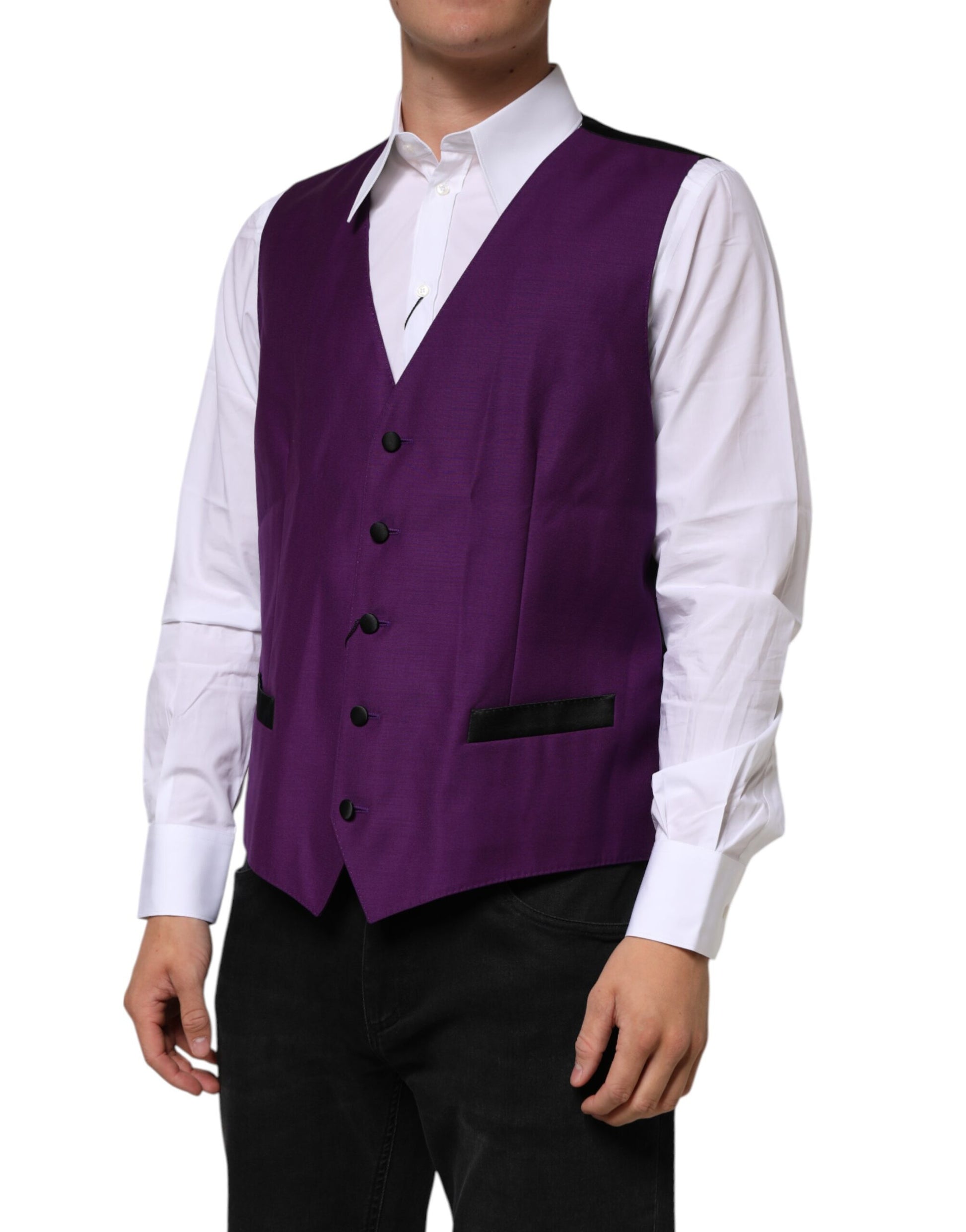 A purple wool vest with black buttons, part of a formal suit