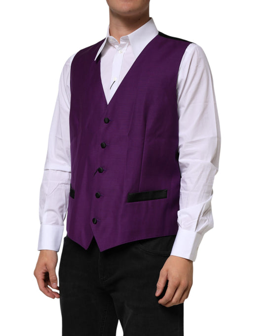 A purple wool vest with black buttons, part of a formal suit