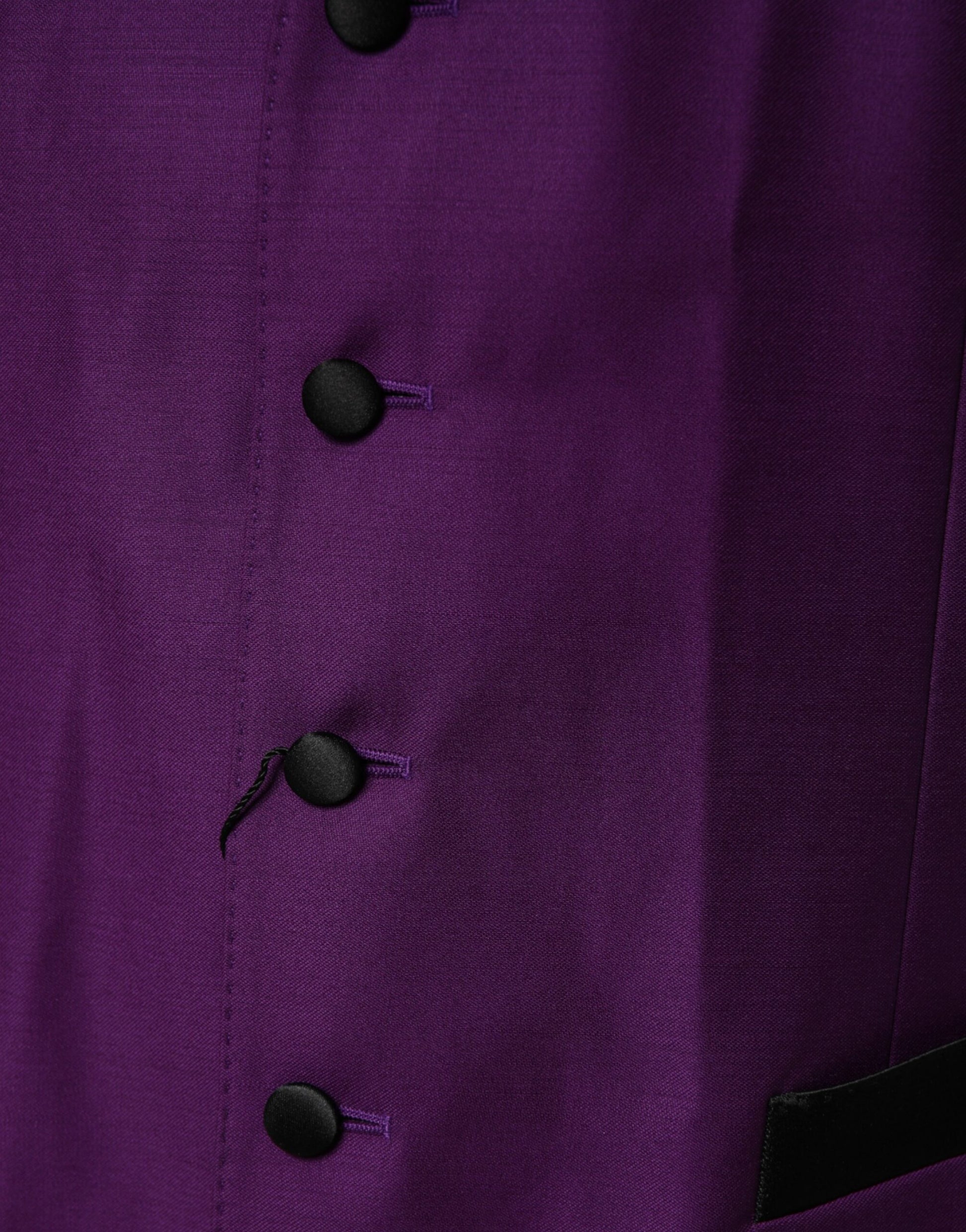 A purple wool vest with black buttons, part of a formal waistcoat