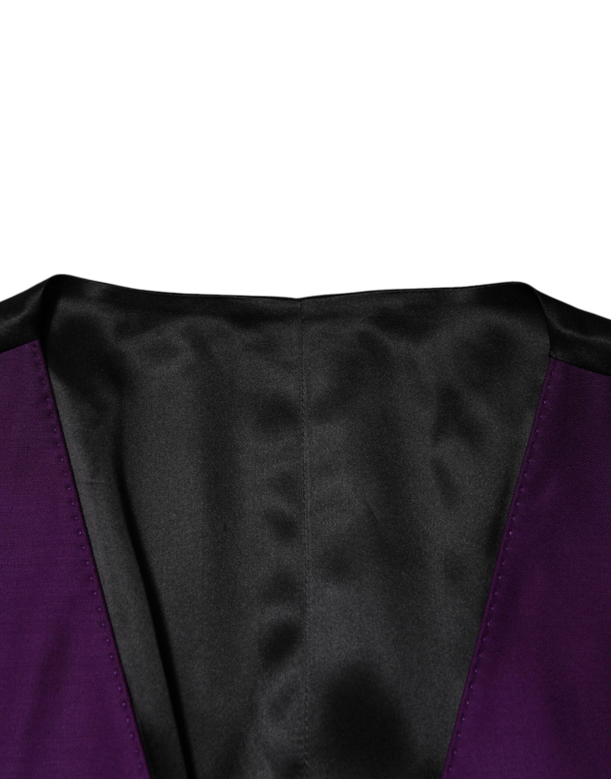 A purple wool vest with a lapel and button closure