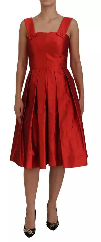 Red midi dress with pleats, satin silk fabric, and a fitted waist