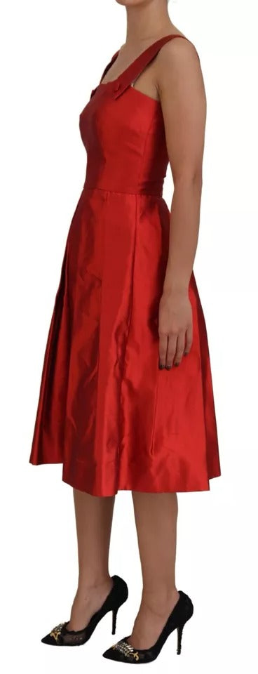 Red satin midi dress with pleats and a V neckline
