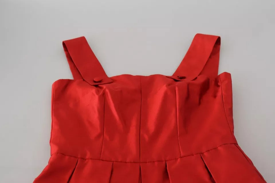 Red satin silk midi dress with pleats and A-line skirt