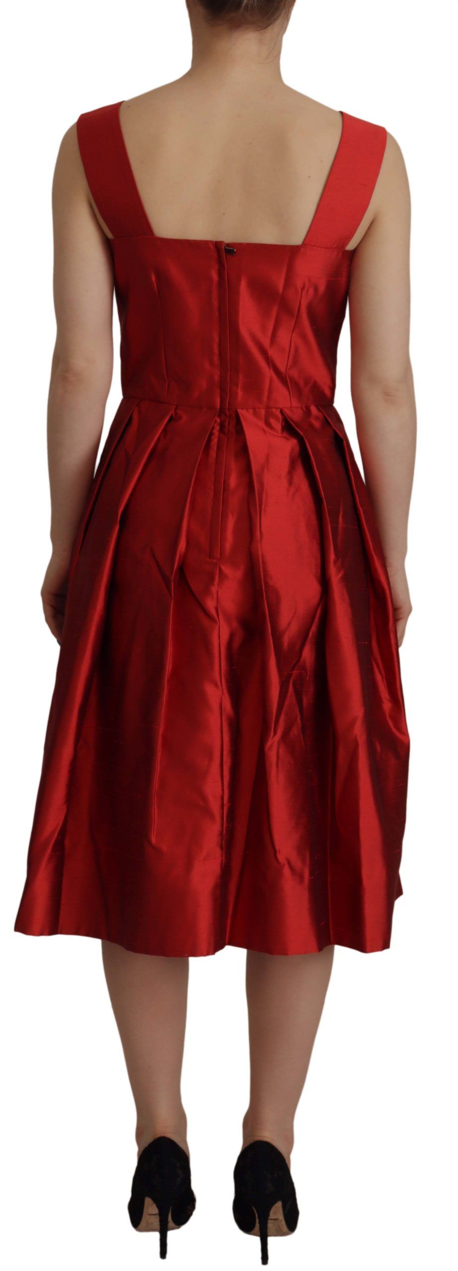 Red satin silk dress with pleats, A-line style, from Dolce & Gabbana