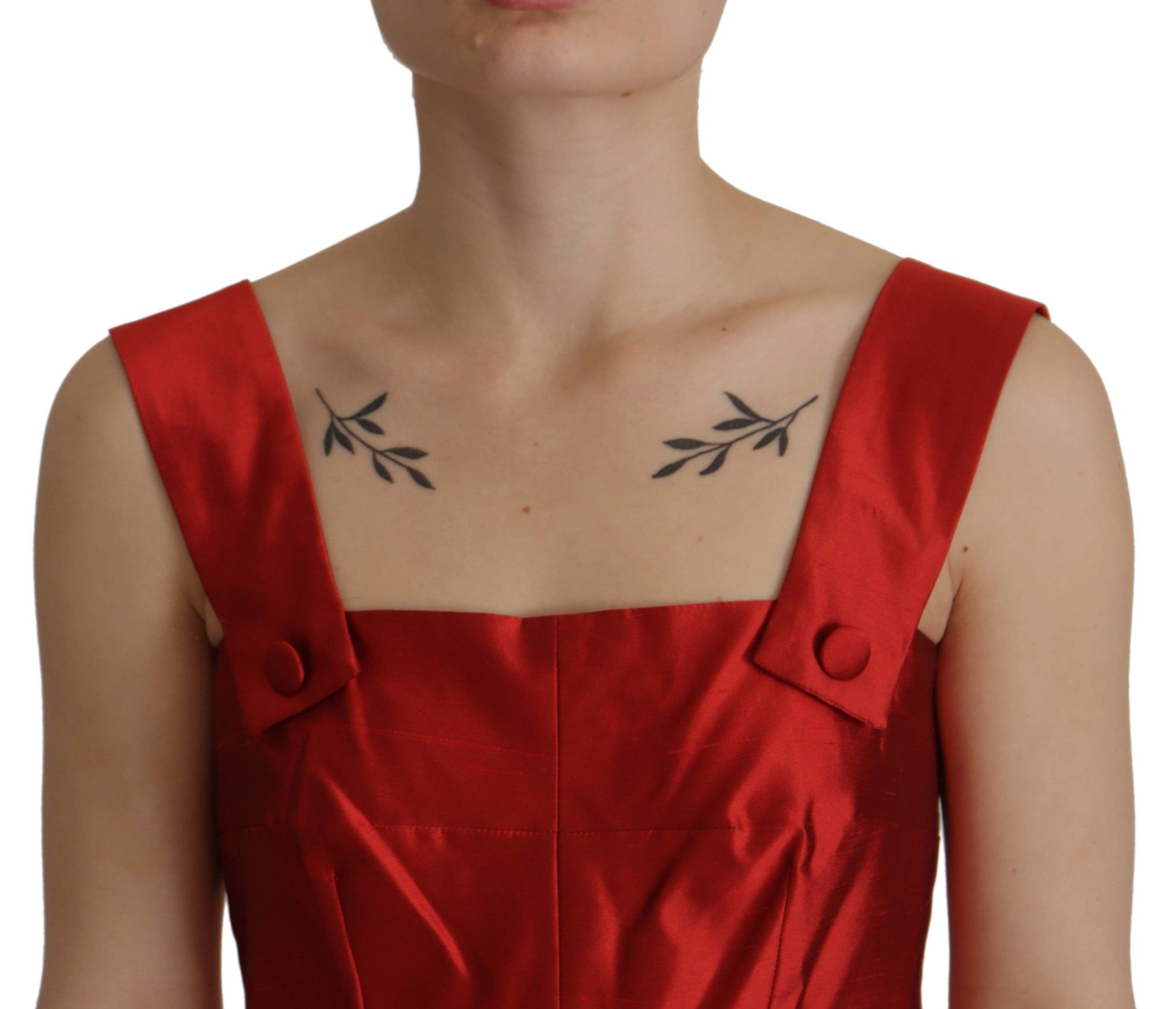 A red satin silk dress with pleats, featuring a V-neck and short sleeves