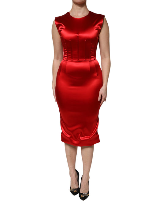 A red sleeveless sheath midi dress with acetate fabric
