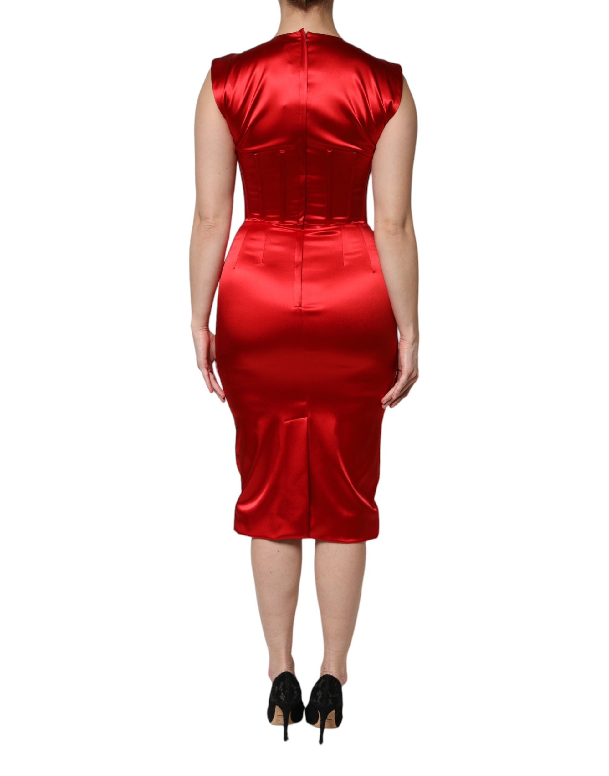 A red sleeveless sheath midi dress with acetate fabric
