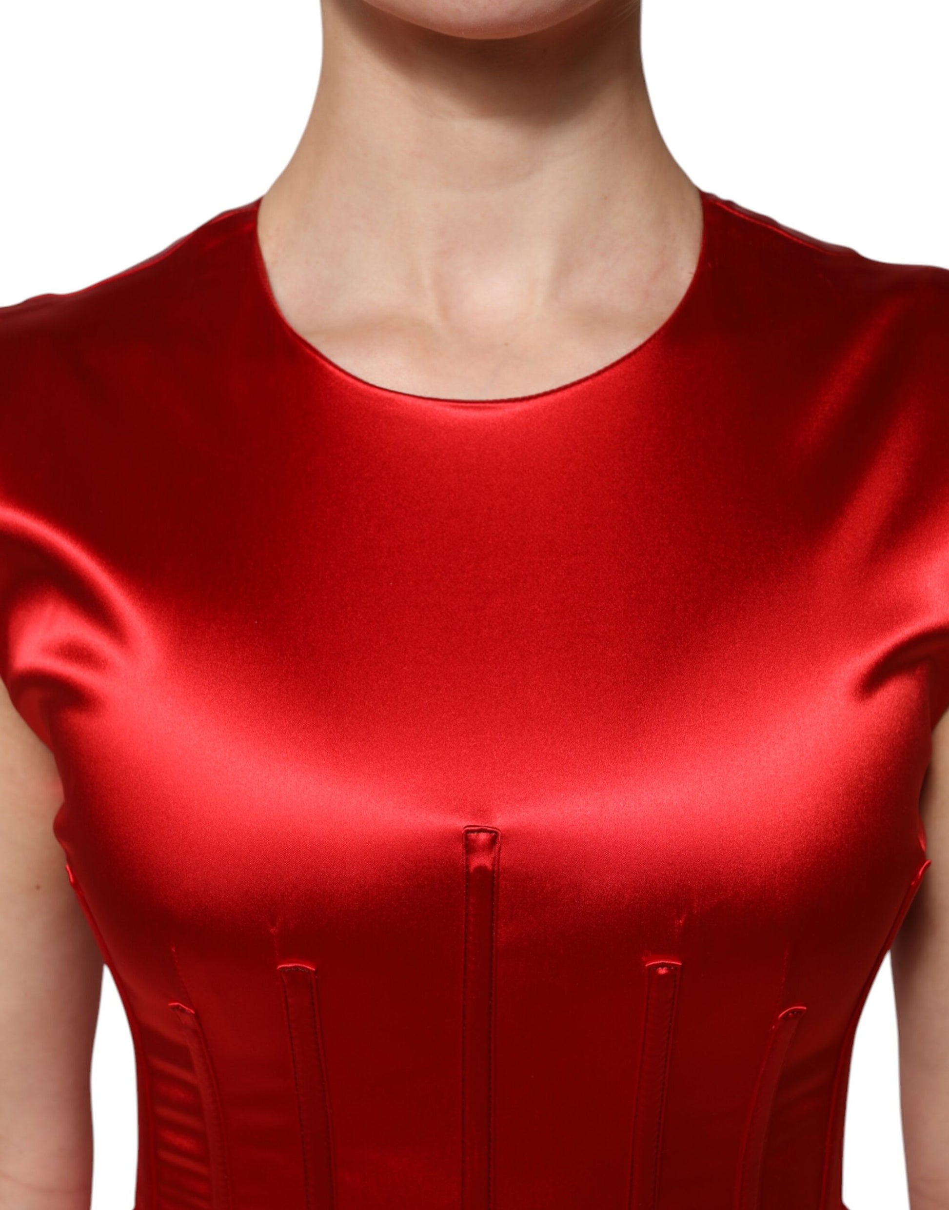 A red sleeveless sheath midi dress with acetate fabric