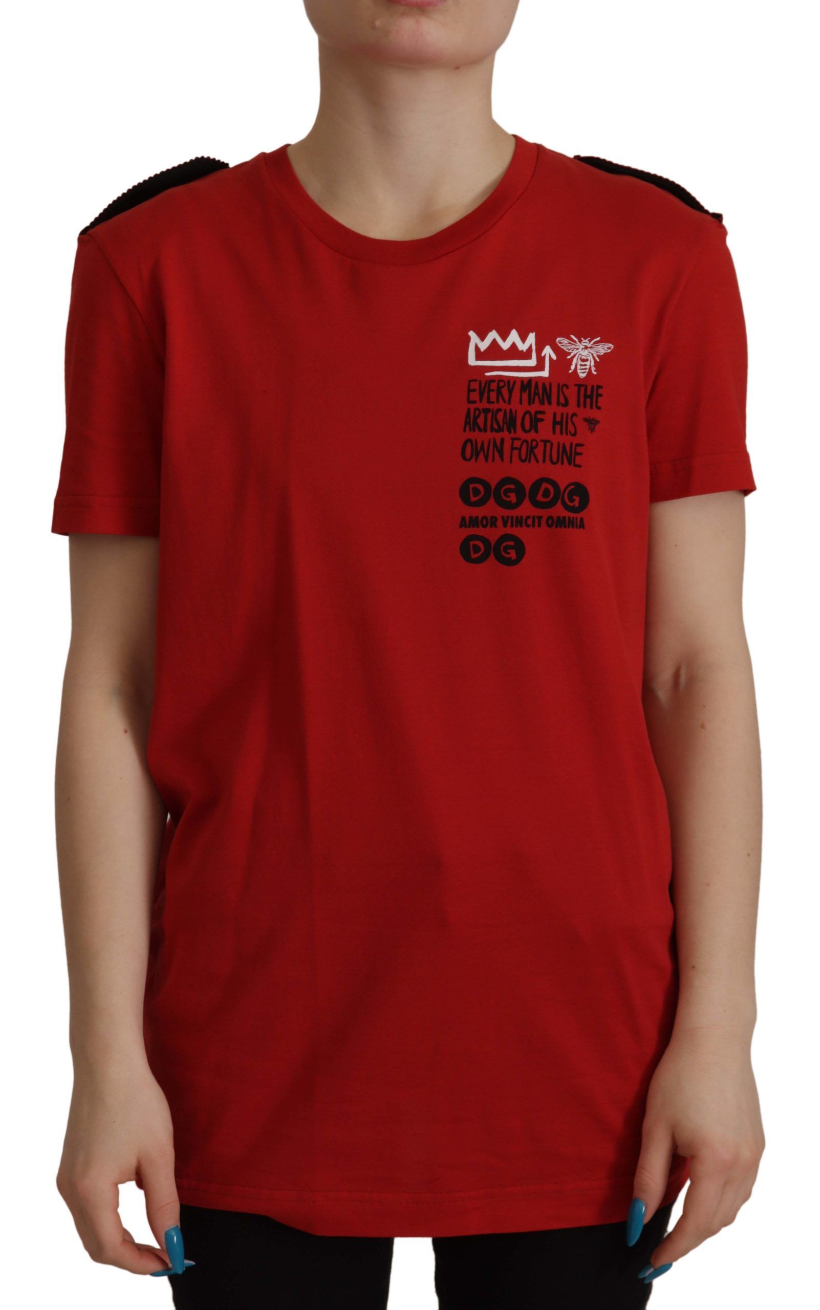 Red t-shirt with graphic design on front