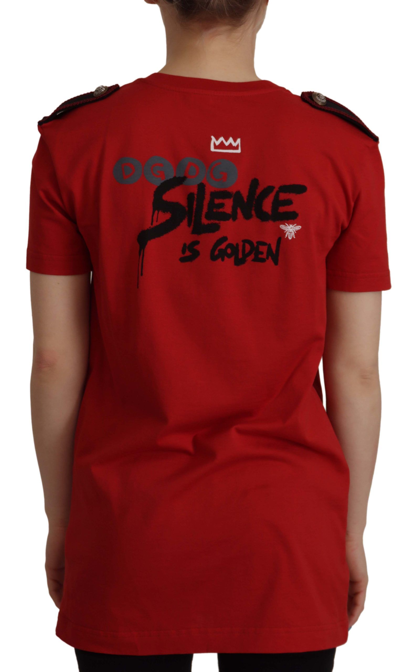 Red t-shirt with white lettering on back