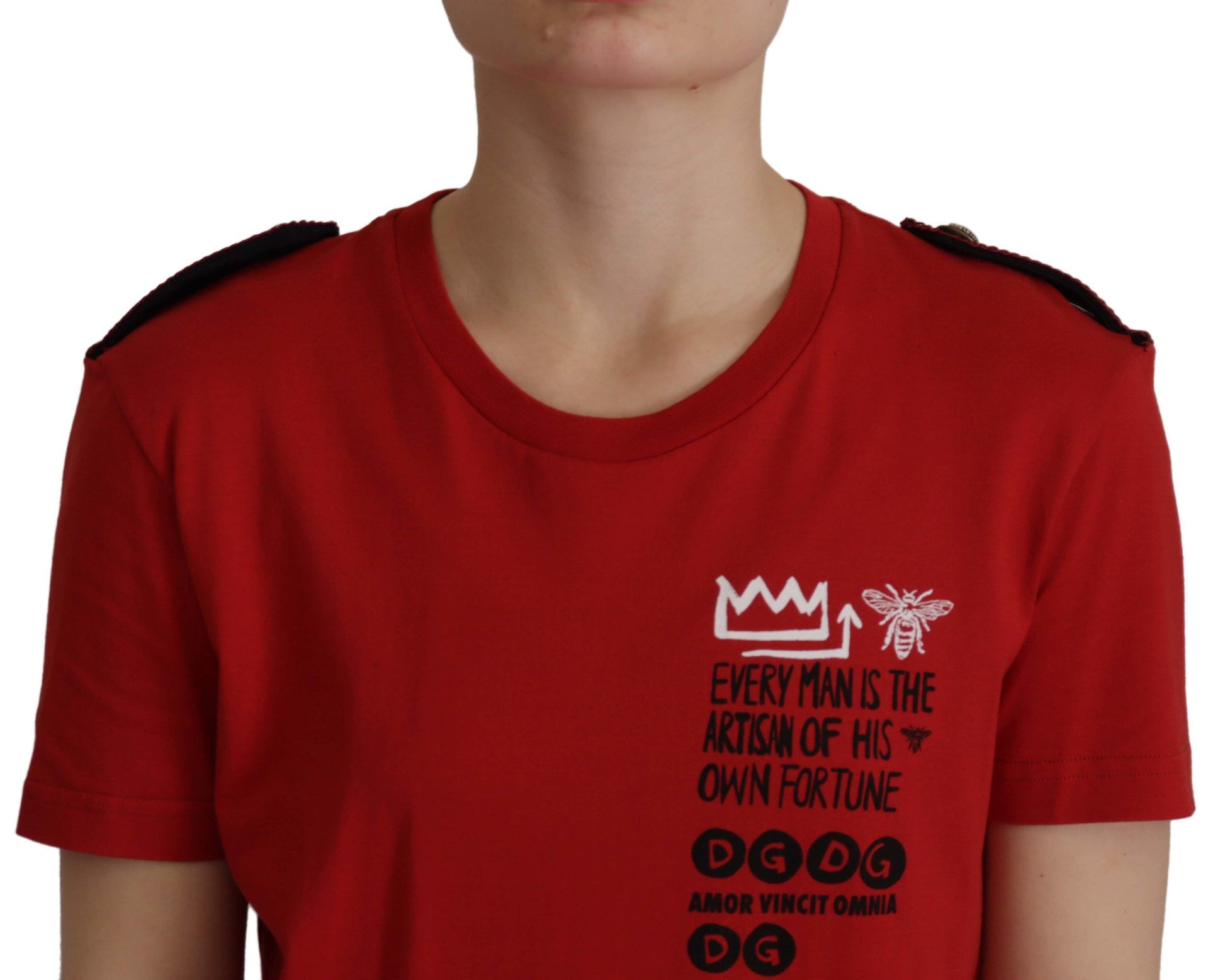 Red t-shirt with black lettering on front
