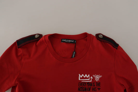Red t-shirt with black lettering on front