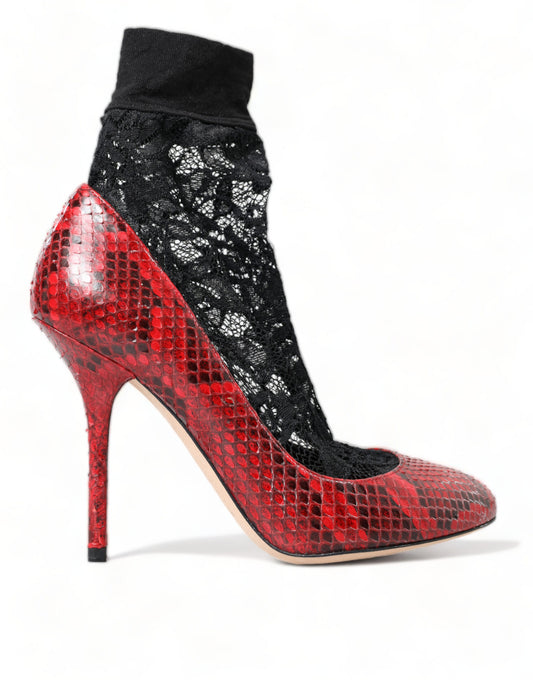 Red high heel shoes with black lace and a patterned sock