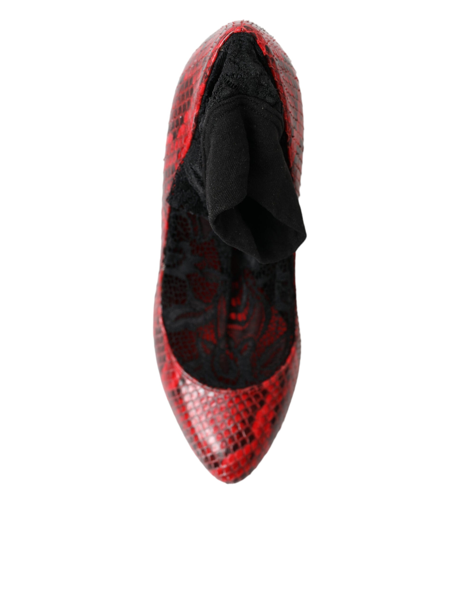 Red and black shoe with a bow on top