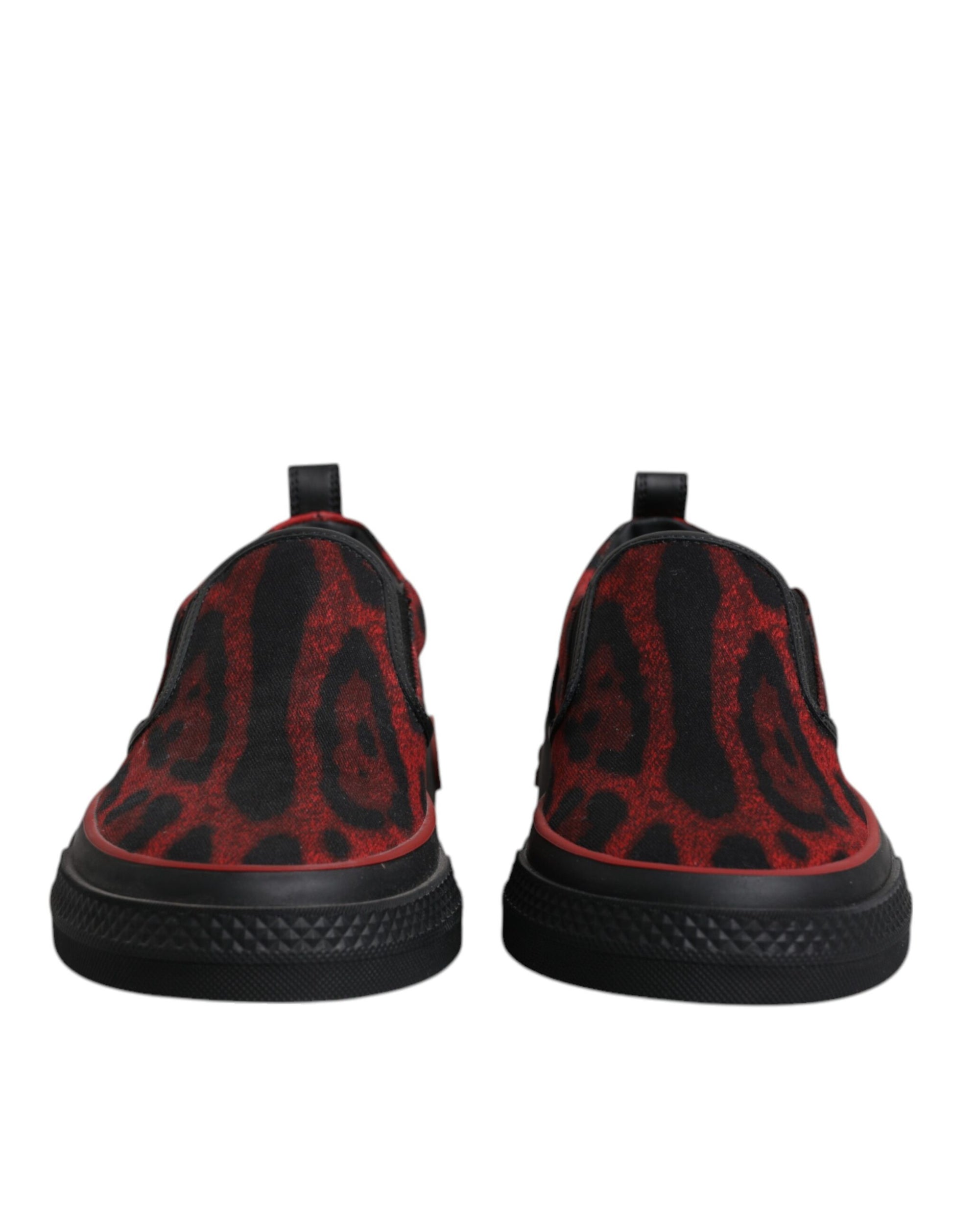 Pair of red black leopard print men's low top sneakers